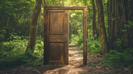 A robust, wooden door opening into a serene, peaceful forest, symbolizing a natural and tranquil path to personal success