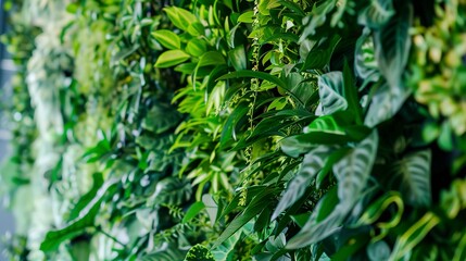 Close-up of a plant wall inside a manufacturing office, detailed view of greenery and structure, soft focus, natural light. 