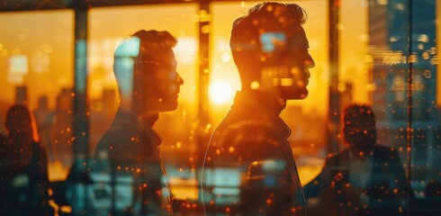 Double exposure. Silhouettes of business people in an office with large windows overlooking the metropolis.