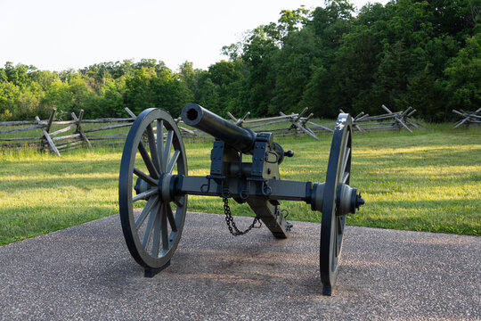 3-inch ordnance rifle, cast iron artillery piece model 1861 at Gettysburg. Battlefield in the background