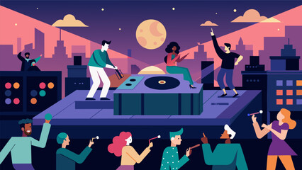 As the night progresses and the crowd grows the rooftop transforms into a lively dance floor where people groove to the catchy beat of vinyl records. Vector illustration