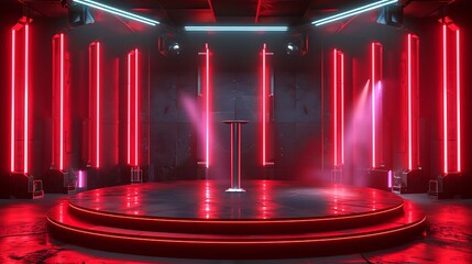Technological Studio Background with Neon Panels in light red Colors. Futuristic Podium for Product Presentation. Generative Ai