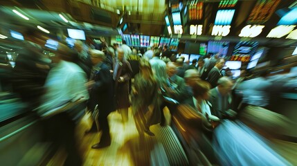 Busy trading floor, stock brokers in motion, high-energy, dramatic overhead lighting, close-up  - obrazy, fototapety, plakaty