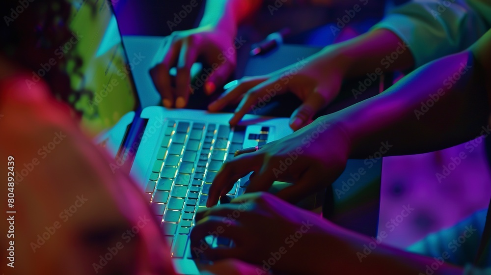 Poster tech startup team coding, close-up on hands and keyboards, vibrant screen illumination