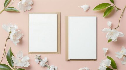 Two wedding invitation cards mockup, front and back sides, blank card mock up with stylish decor. Generative Ai