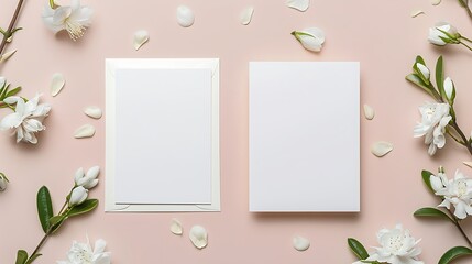 Two wedding invitation cards mockup, front and back sides, blank card mock up with stylish decor. Generative Ai
