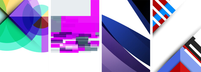 Obraz premium A vibrant collage featuring colorful geometric shapes such as rectangles in shades of purple, magenta, and electric blue on a clean white background