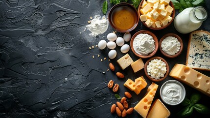 Dairy products on a dark stone background. Milk, cheese, eggs, butter, cream, cottage cheese, flour, honey, nuts, and basil.