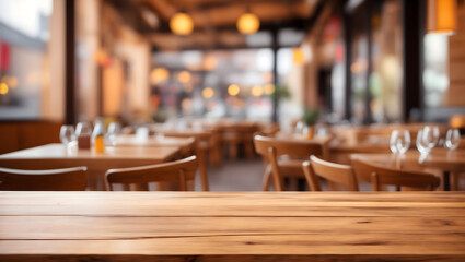 Image of empty wooden table in front of abstract blurred restaurant background