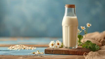 Fresh milk in a glass bottle on a wooden table.