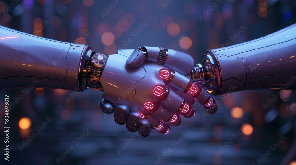 Aufkleber two robotic hands with glowing red and blue circuitry shaking over a blurred background of a futuris