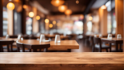 Image of empty wooden table in front of abstract blurred restaurant background