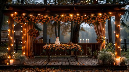 A beautiful outdoor wedding ceremony is held in a forest. The wooden structure is decorated with orange and yellow flowers.