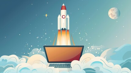 Artistic portrayal of a laptop and a rocket launch, encapsulating the essence of a project kickoff and the aspirations of career growth