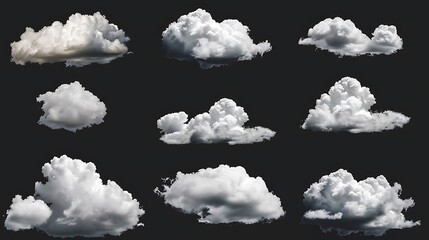 White clouds collection isolated on black background, cloud set on black. Generative Ai
