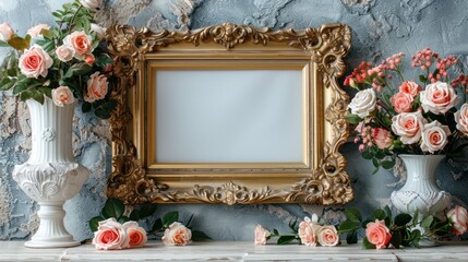 Pink roses in white vases with a gold ornate frame on a blue textured background