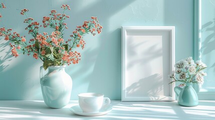 A beautiful still life image of a vase of flowers sitting on a table next to a cup and saucer. The background is a light blue wall with a white frame.