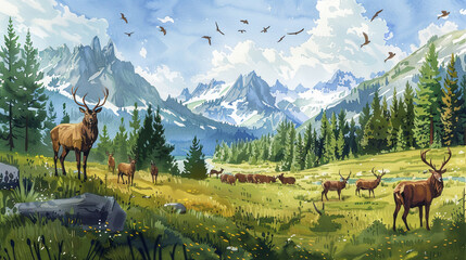 Realistic depiction of diverse alpine wildlife in a lush mountain reserve, perfect for educational eco-tourism brochureswatercolor illustrations