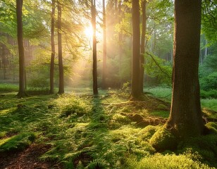 Obraz premium The gentle morning sun filters through the lush forest canopy, illuminating the verdant surroundings and creating a tranquil, ethereal atmosphere of natural beauty.