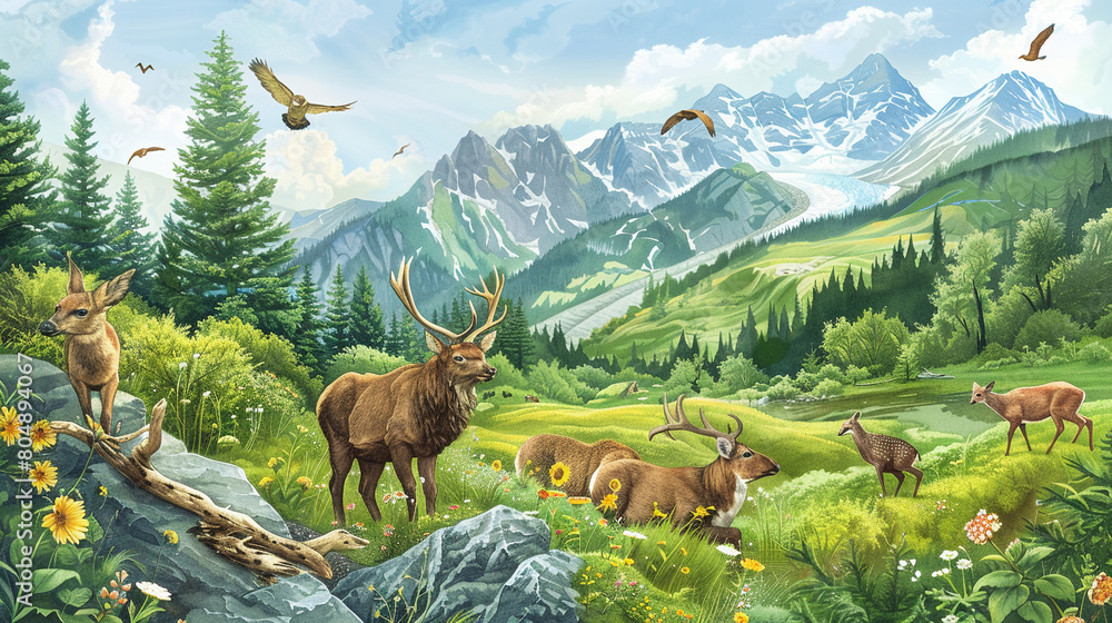 Wall mural realistic depiction of diverse alpine wildlife in a lush mountain reserve, perfect for educational e