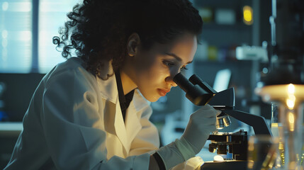 A woman scientist working with a microscope in a lab, focused on research, against a dark, illuminated background, concept of science study. Generative AI
