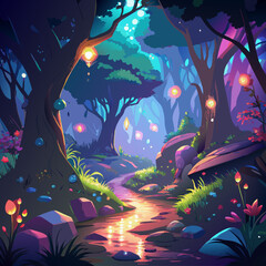 Fantasy magic forests with enchanted bright lights.
