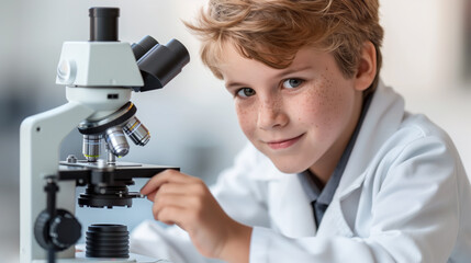 A young boy in a lab coat using a microscope, on a blurred background, depicting a concept of scientific education. Generative AI