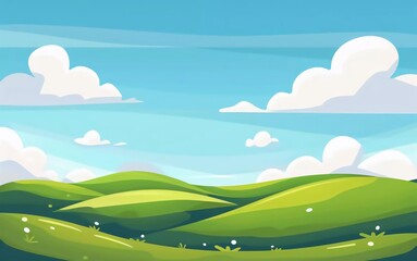 landscape cartoon scene with green hills and white clouds on very beautiful summer blue sky background