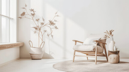 Fototapeta premium Stylish minimalist interiors with cosy decor and warm colors.
