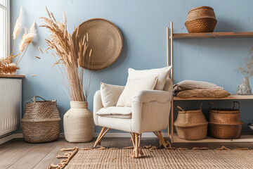 Stylish minimalist interiors with cosy decor and warm colors.