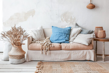 Stylish minimalist interiors with cosy decor and warm colors.
