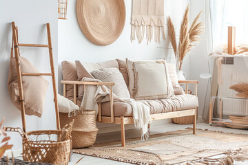 Stylish minimalist interiors with cosy decor and warm colors.