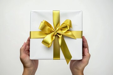 Chic hand holding white gift box with gold ribbon isolated on solid background. Stock photo.