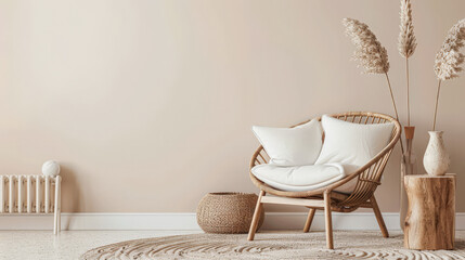 Stylish minimalist interiors with cosy decor and warm colors.