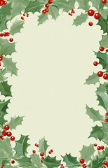 A border of holly leaves and berries on a beige background.