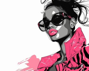 A very beautiful woman with black hair wearing round sunglasses and nice fashionable jacket half pink and half zebra pattern.	
