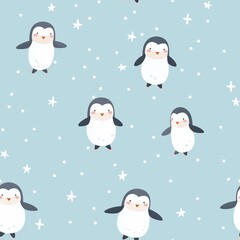A cute pattern with cartoon penguins on a blue background with white stars.