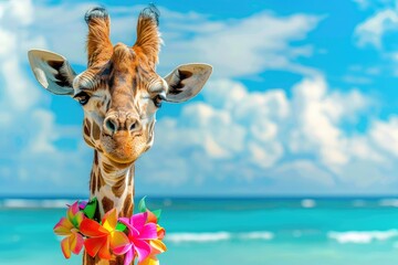 Summer background, Giraffe with hawaiian costume tropical palm and beach background