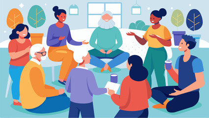 A gathering of individuals in a community center engaging in activities and discussions to promote emotional wellbeing and mutual support.. Vector illustration