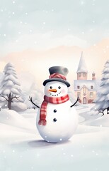 Naklejka premium A cute snowman is standing in a snowy field. There is a house and some trees in the background. The snowman is wearing a black top hat and a red scarf.