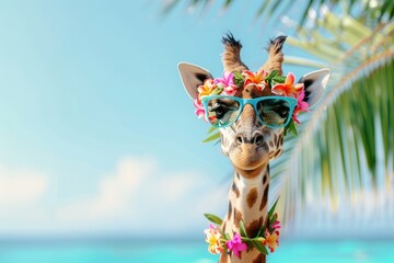 Summer background, Giraffe with hawaiian costume tropical palm and beach background