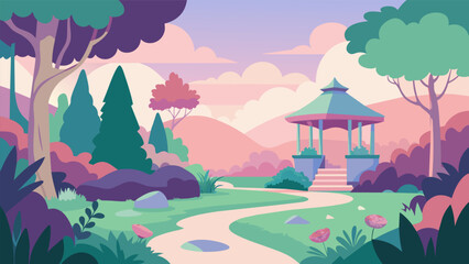 A garden with a calming color palette of pastel hues allowing visitors to rest their eyes and find peace in the natural beauty around them.. Vector illustration