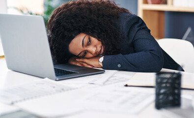 Black woman, desk and tired sleep for business burnout with overtime fatigue, headache or stress....