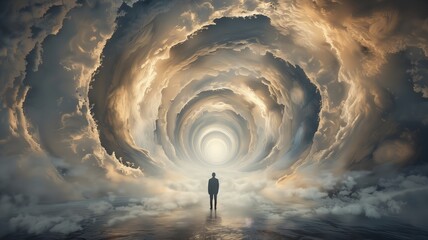 Man stands in the center of an infinite tunnel of light and clouds, with a surreal, light at the end of tunnel, death