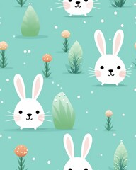 A seamless pattern with cute cartoon bunnies and pastel colored plants on a mint green background.