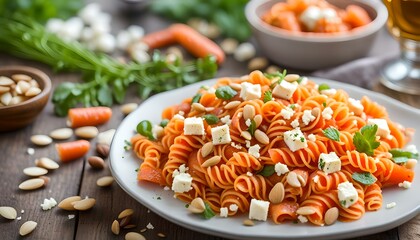 Carrot pasta salad with feta and almonds
