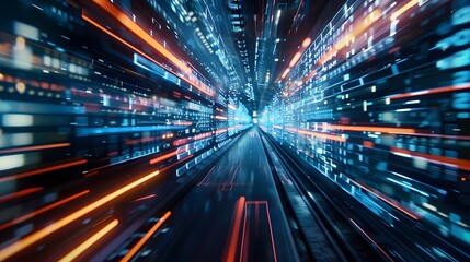 Obraz premium digital data flow on road in concept of program coding with graphic creating vision of fast speed transfer to show digital transformation , disruptive innovation