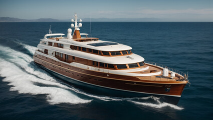 A classic wooden yacht its deck gleaming in the sunlight, cruising through a tranquil, sapphire sea
