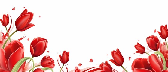 Red tulips with dew drops on white background