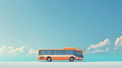 A vibrant orange bus stands under a clear blue sky with fluffy white clouds, depicting peaceful travel.